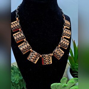 Vintage Geometric Copper Necklace Mid Century Jewelry, Modernist Basket Weave